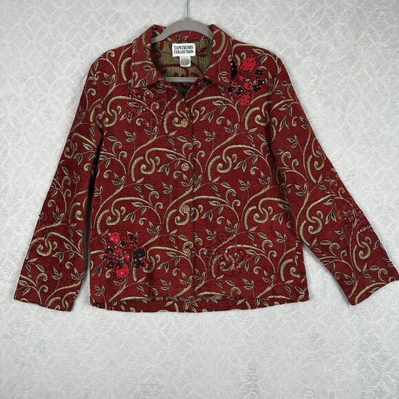 Vintage Jackets & Blazers - 90s Vtg Tantrums Jacket Women Large Red Gold Tapestry Sequin Blazer Wearable Art